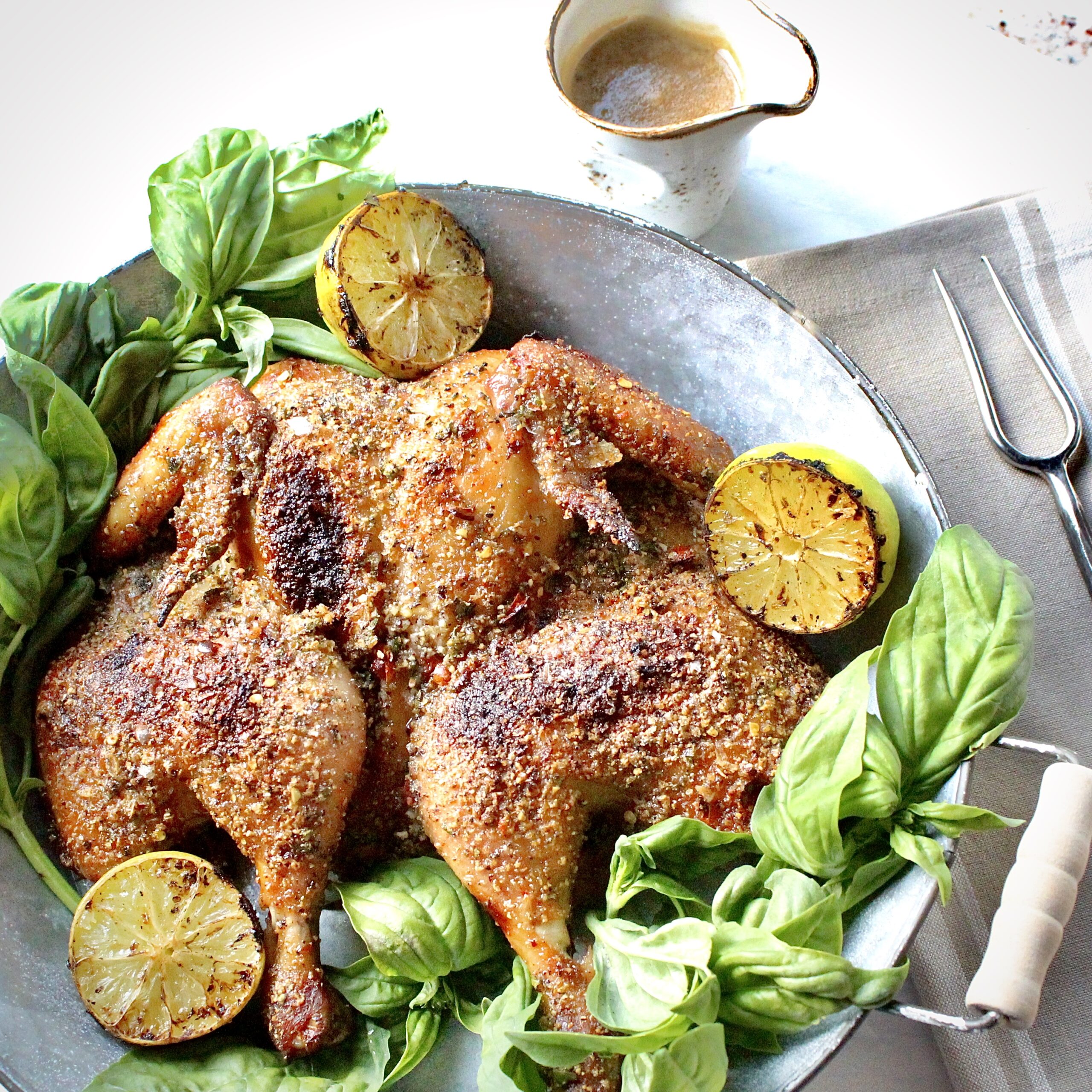 Spicy & “Erthy” Ginger, Basil & Brown Sugar Spatchcock Chicken