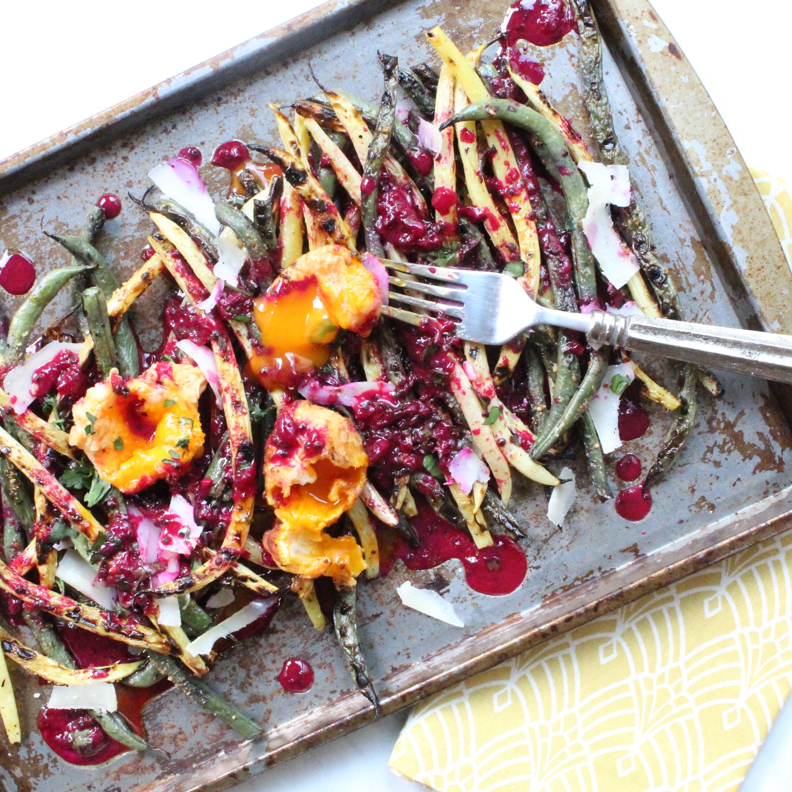 Grilled Bean Salad with Prickly Pear Vinaigrette and Deep Fried Egg Yolks